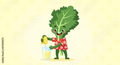 Happy Kale Cartoon Character Squeezing Lemon Into A Glass Full Of Lemonade