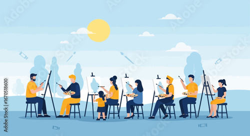 Outdoor Painting Workshop Under Sunlight For Group Creativity And Artistic Expression
