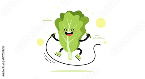 Happy Lettuce Character Engages in Energetic Skipping Rope Workout for Healthy Living