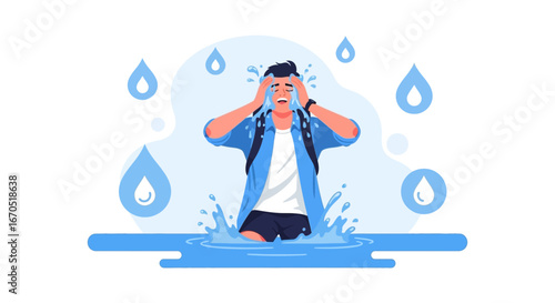 Overwhelmed Traveler Standing In Water Experiencing An Anxiety Attack