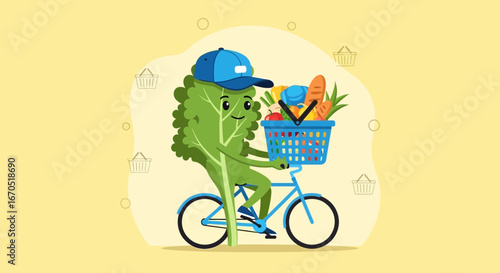 Happy Lettuce Delivery Man on a Bicycle Carrying a Basket of Groceries