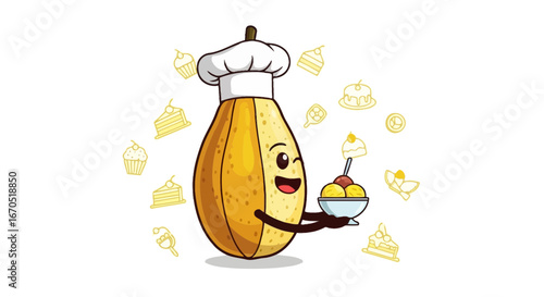 Happy Pear Chef Cartoon Character Serving Delicious Dessert on a white Background
