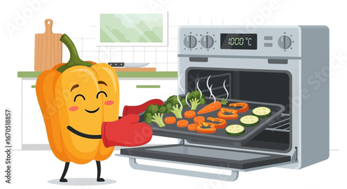 Happy Pepper Character Prepares Oven Roasted Vegetables For A Healthy Meal