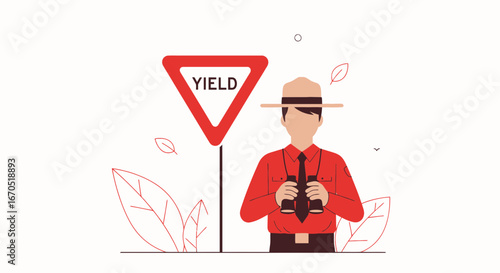 Park Ranger Observes Nature With Binoculars Near The Road Yield Sign
