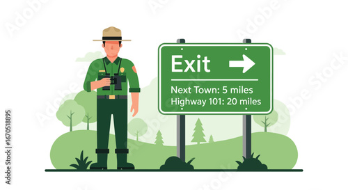 Park Ranger Standing Next To Exit Sign During Road Trip Adventure