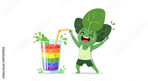 Happy Spinach Character Promoting Healthy Colorful Rainbow Vegetable Smoothie