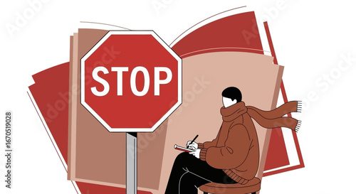 Pause and Reflect Illustration Man Taking Notes Next to Stop Sign