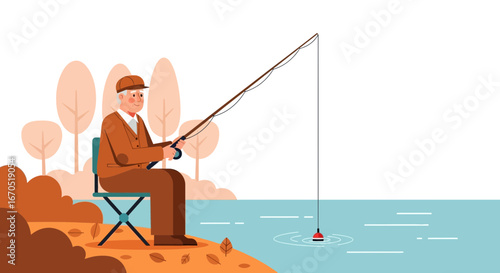 Peaceful Afternoon Scene Of An Elderly Man Fishing By The Lake