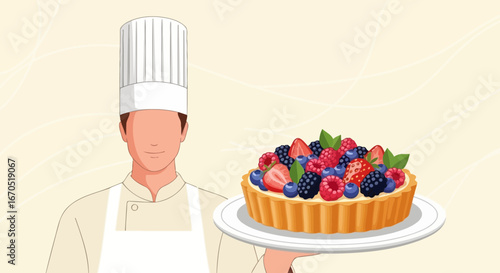 Pastry Chef Presenting Delicious Fresh Berry Tart Perfect For Dessert Menus
