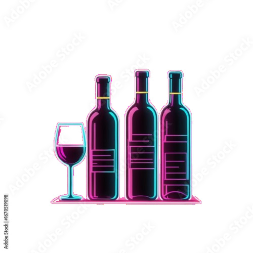 Glowing neon line wine bottle with two glasses icon isolated on brick wall background. Generated AI