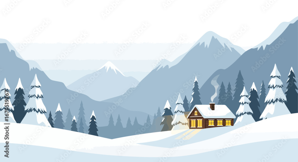 Fototapeta premium Peaceful Winter Scene With Cabin In Snowy Mountain Landscape Illustration