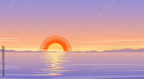 Peaceful Sunset Over Ocean Water Colorful Sky Serene Scene Graphical Art