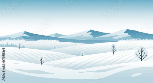 Peaceful Winter Landscape With Snow Covered Fields and Mountains Graphic