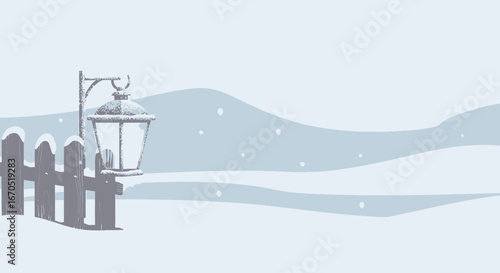 Peaceful Winter Scene With Snowy Hills And Illuminated Lantern