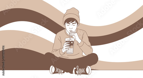 Person Enjoying Refreshing Beverage Sitting Cross Legged With Decorative Background
