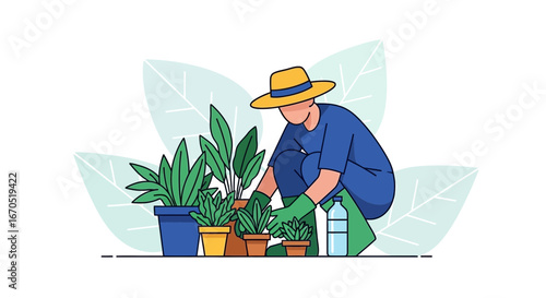 Person Enjoying Gardening Activities With Various Houseplants In The Garden
