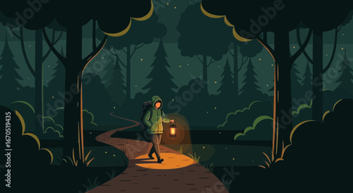 Person Exploring The Mysterious Forest At Night With Lantern And Backpack