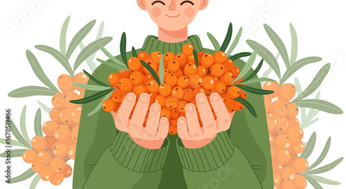 Person Holding Ripe Sea Buckthorn Berries in Hands Vector Illustration