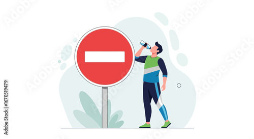 Person hydrates next to a stop sign, conveying safety regulations and health well-being