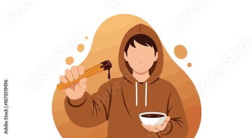 Person In Hoodie Dipping Churro In Dark Chocolate On Sweet Treat Concept