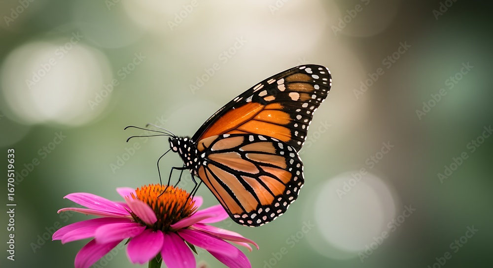 Fototapeta premium Monarch butterfly sips nectar from a vibrant pink coneflower in natural environment