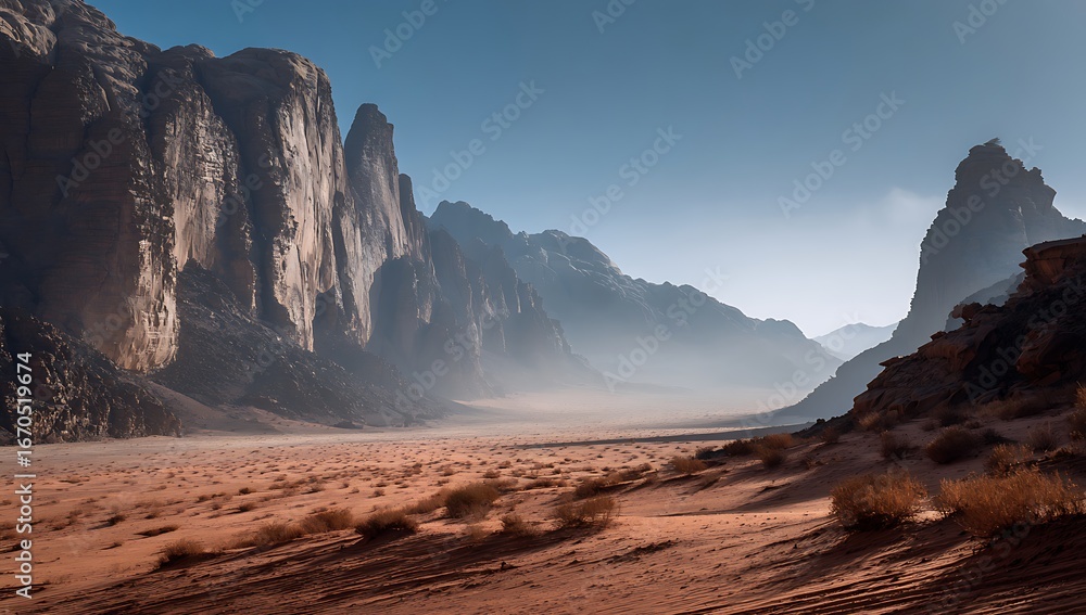Fototapeta premium Misty desert landscape with towering rocky cliffs and sunlit arid terrain