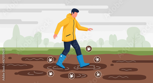 Person walking through puddles wearing rain boots and a jacket during rainy season