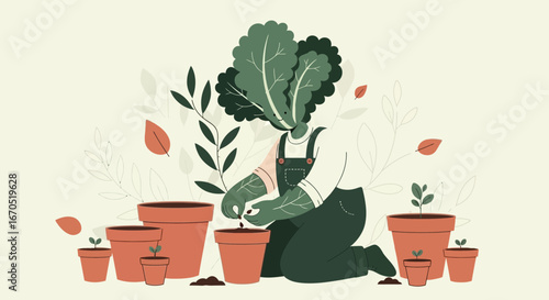 Person With Plant Head Planting Seeds In Pots And Gardening