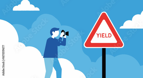 Photographer Captures the Yield Sign Illustrative Art On Sunny Background