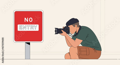Photographer Capturing An Image Of No Entry Sign Forbidden Access Zone