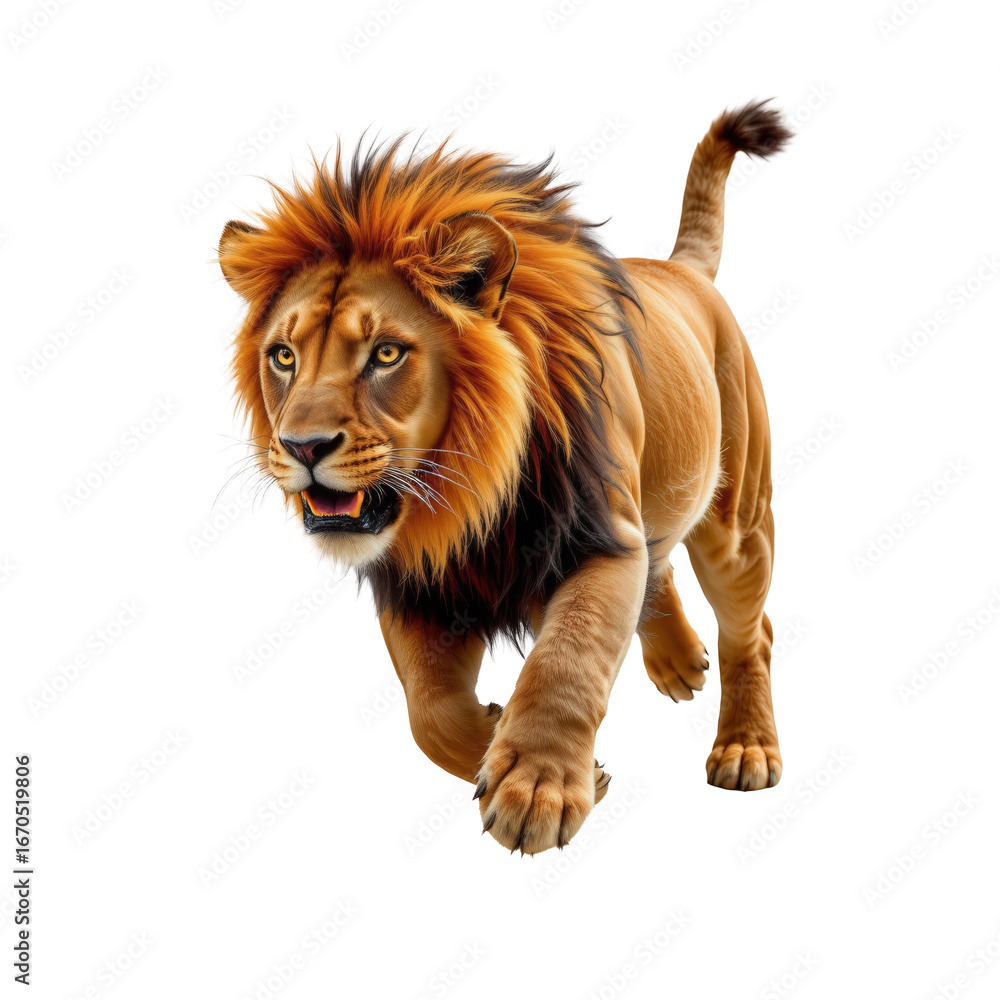 Fototapeta premium Majestic Lion Running Through Grass in Vibrant Natural Habitat