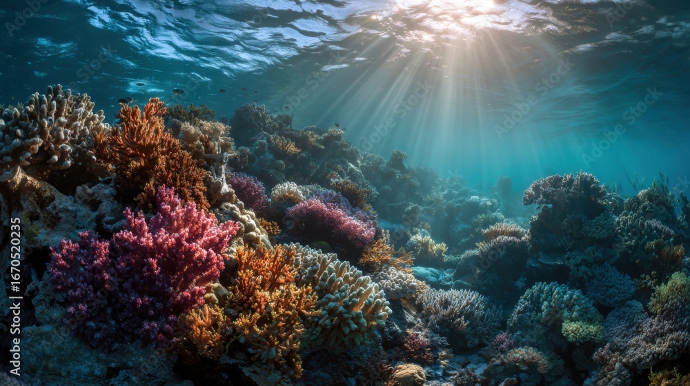 Fototapeta premium A vibrant underwater scene with a colorful coral reef. The image showcases the beauty and rich biodiversity of the marine ecosystem, highlighting conservation and nature.