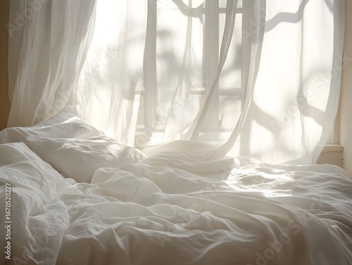Tranquil Morning Atmosphere with Light Filtering Through Linen Drapes, white bed in the bedroom