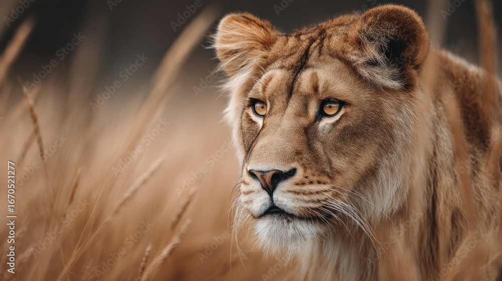 Obraz premium Majestic Lioness in Golden Grassland: A Portrait of Wild Beauty