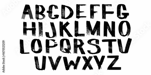Full english alphabet displayed in a rough black brush stroke font against a white background