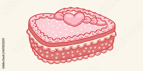 Charming heart shaped pink cake with white polka dots and red decorative trim