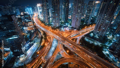 Aerial view of a complex highway interchange at night in a large city