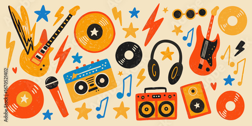 Vibrant hand drawn music icons featuring guitars records boomboxes headphones and stars