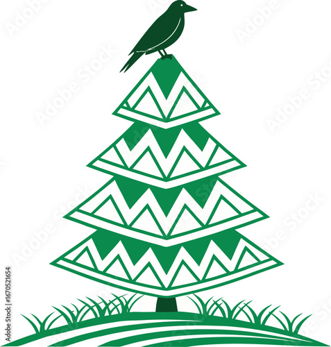 Green bird perched on stylized evergreen tree with grass nature