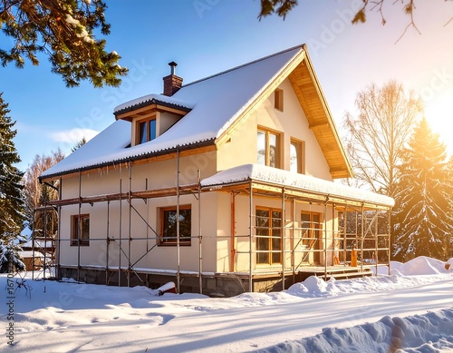 Snowy construction house in winter