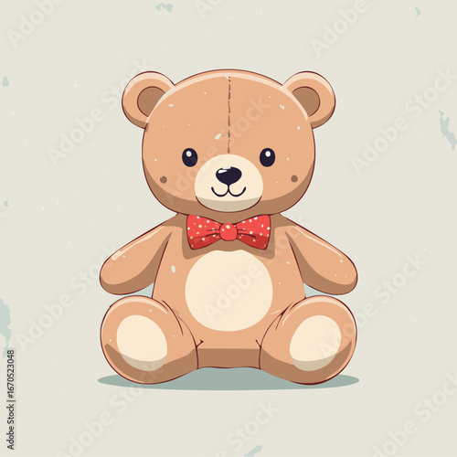 Cute teddy bear with red bow tie sitting on a pastel background. Adorable toy illustration, perfect for children, nursery decor, prints, greeting cards, and gifts