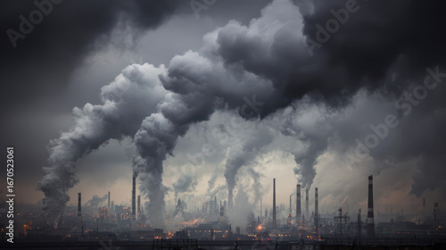 Industrial pollution emission event urban factory air quality crisis overcast environment aerial view environmental concern