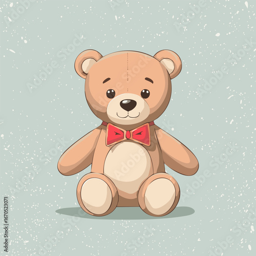 Cute teddy bear with red bow tie sitting on a pastel background. Adorable toy illustration, perfect for children, nursery decor, prints, greeting cards, and gifts