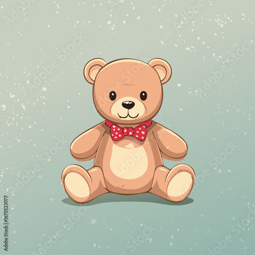 Cute teddy bear with red bow tie sitting on a pastel background. Adorable toy illustration, perfect for children, nursery decor, prints, greeting cards, and gifts