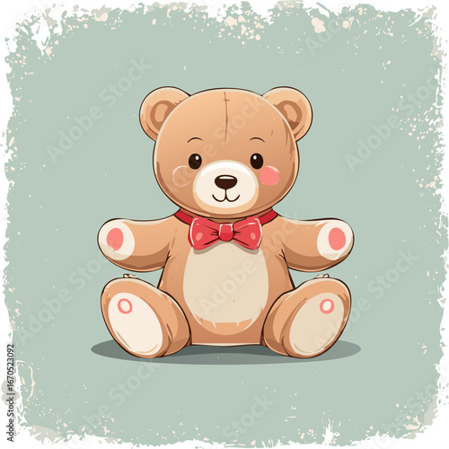 Cute teddy bear with red bow tie sitting on a pastel background. Adorable toy illustration, perfect for children, nursery decor, prints, greeting cards, and gifts