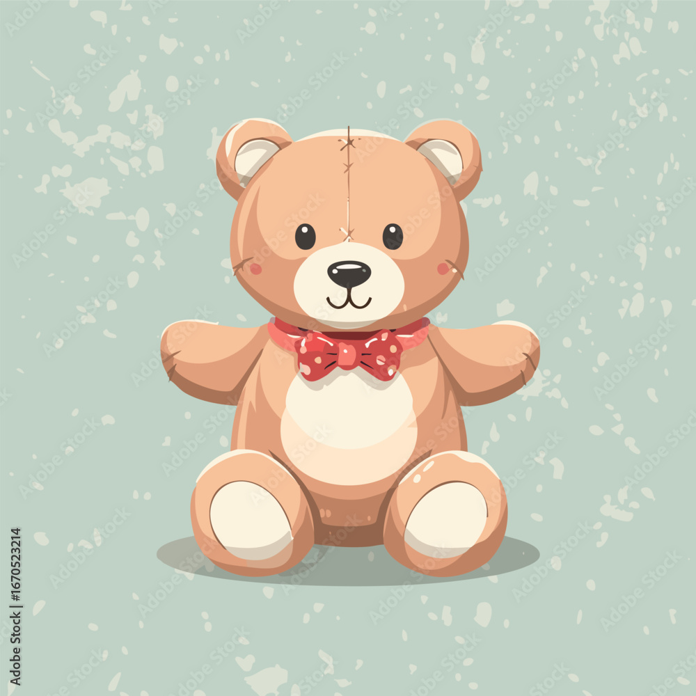 Naklejka premium Cute teddy bear with red bow tie sitting on a pastel background. Adorable toy illustration, perfect for children, nursery decor, prints, greeting cards, and gifts