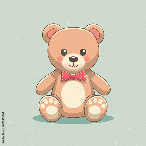 Cute teddy bear with red bow tie sitting on a pastel background. Adorable toy illustration, perfect for children, nursery decor, prints, greeting cards, and gifts