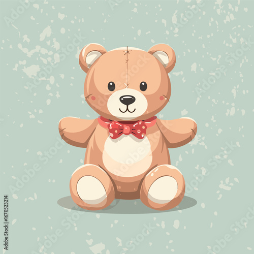 Cute teddy bear with red bow tie sitting on a pastel background. Adorable toy illustration, perfect for children, nursery decor, prints, greeting cards, and gifts