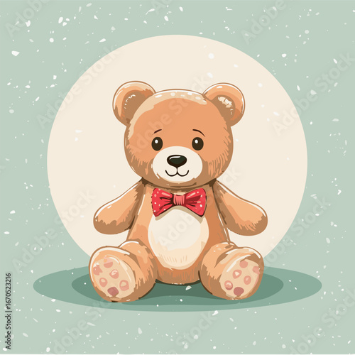 Cute teddy bear with red bow tie sitting on a pastel background. Adorable toy illustration, perfect for children, nursery decor, prints, greeting cards, and gifts