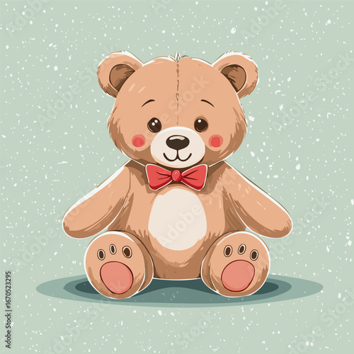 Cute teddy bear with red bow tie sitting on a pastel background. Adorable toy illustration, perfect for children, nursery decor, prints, greeting cards, and gifts